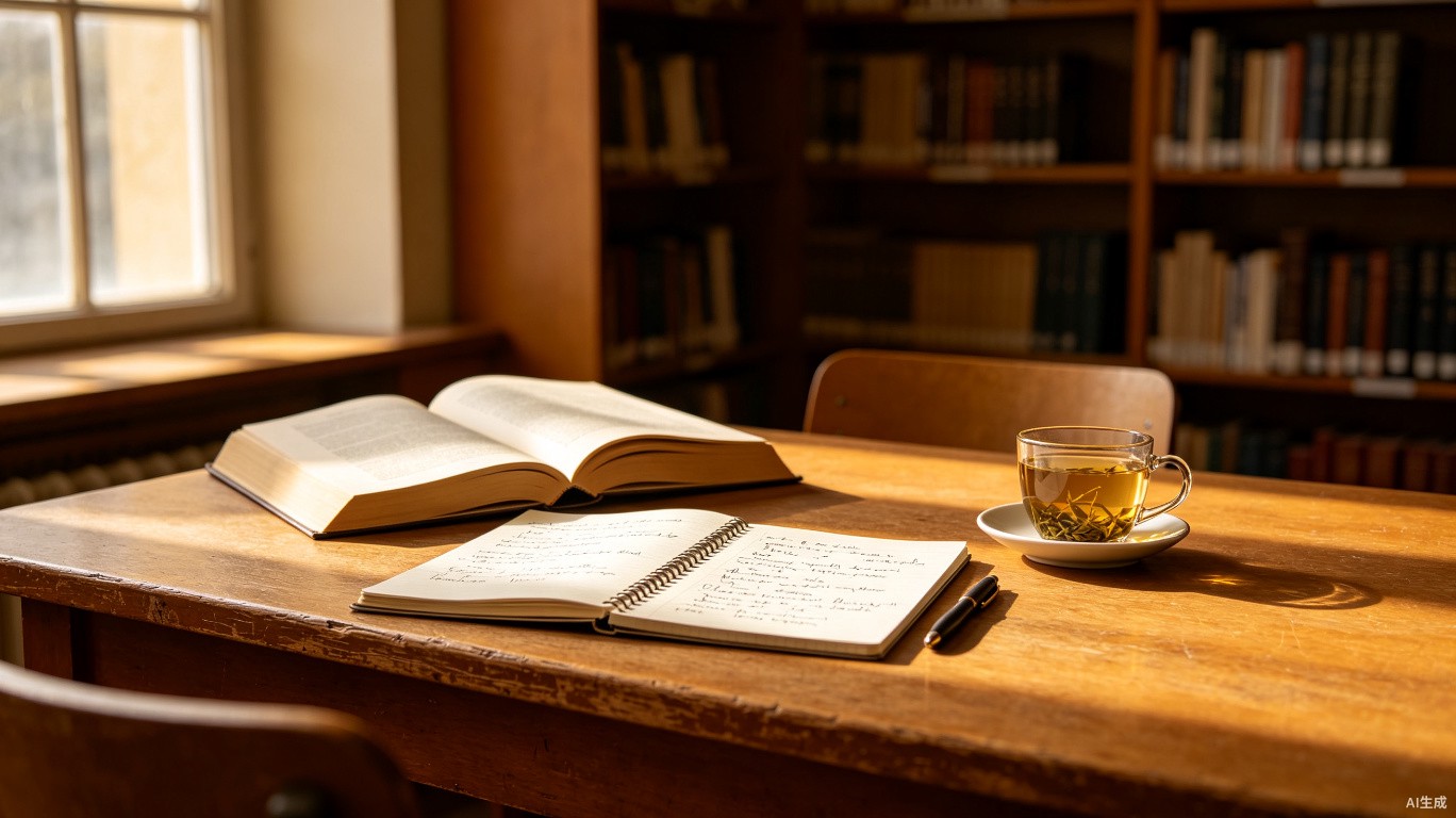 寧靜的學習桌面，擺放書本與茶飲