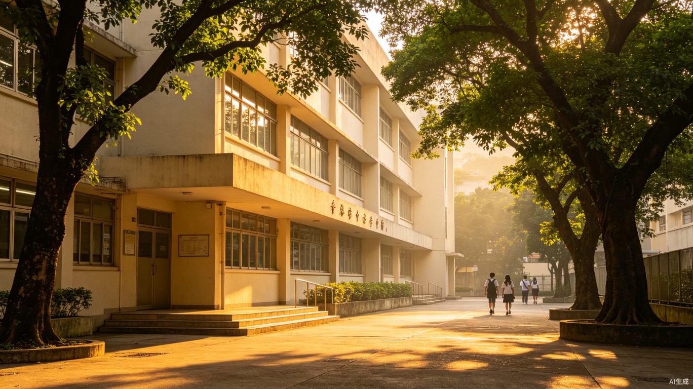 香港中學校園在金色陽光下